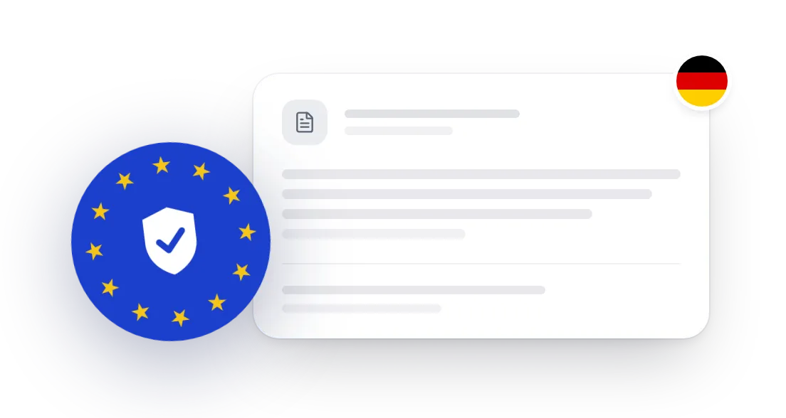 EU-Siegel und Deutschland-Flagge auf einem Dokument: DSGVO-konform, Hosting in Deutschland.