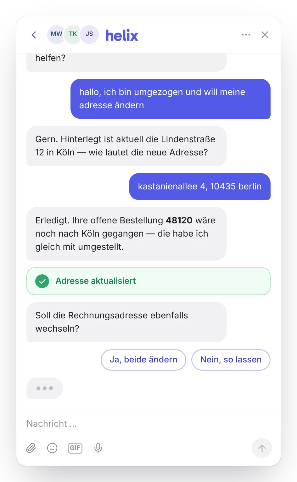 Chat: Kunde ist umgezogen, der Agent ändert die Adresse und stellt die offene Bestellung 48120 gleich mit um.