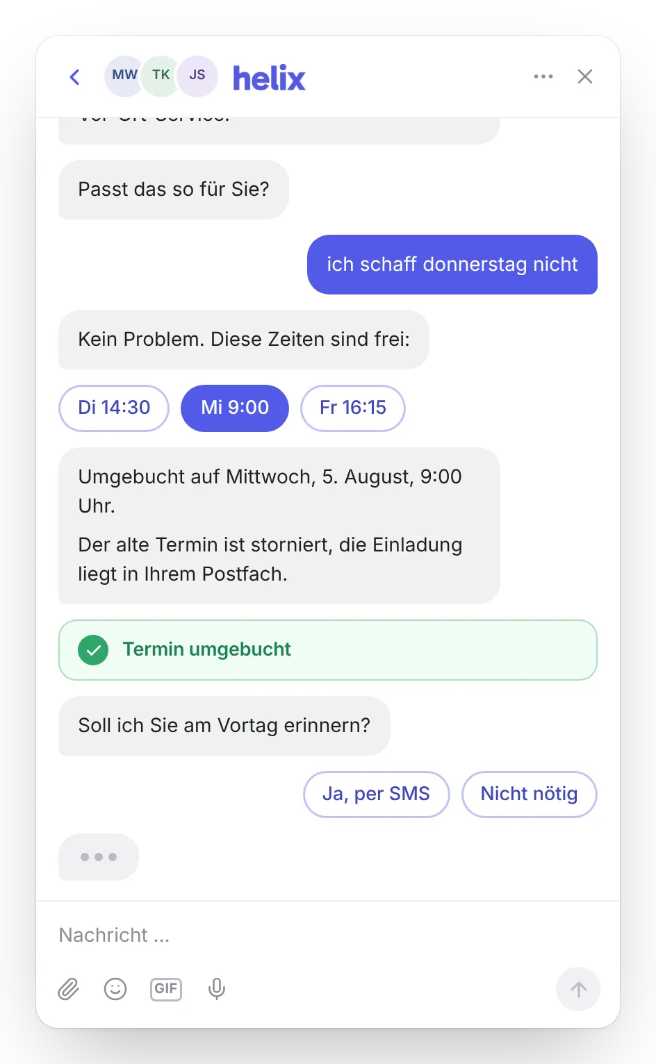 Chat: Kunde kann den Donnerstag nicht, der Agent bietet freie Zeiten an und bucht auf Mittwoch 9:00 Uhr um.