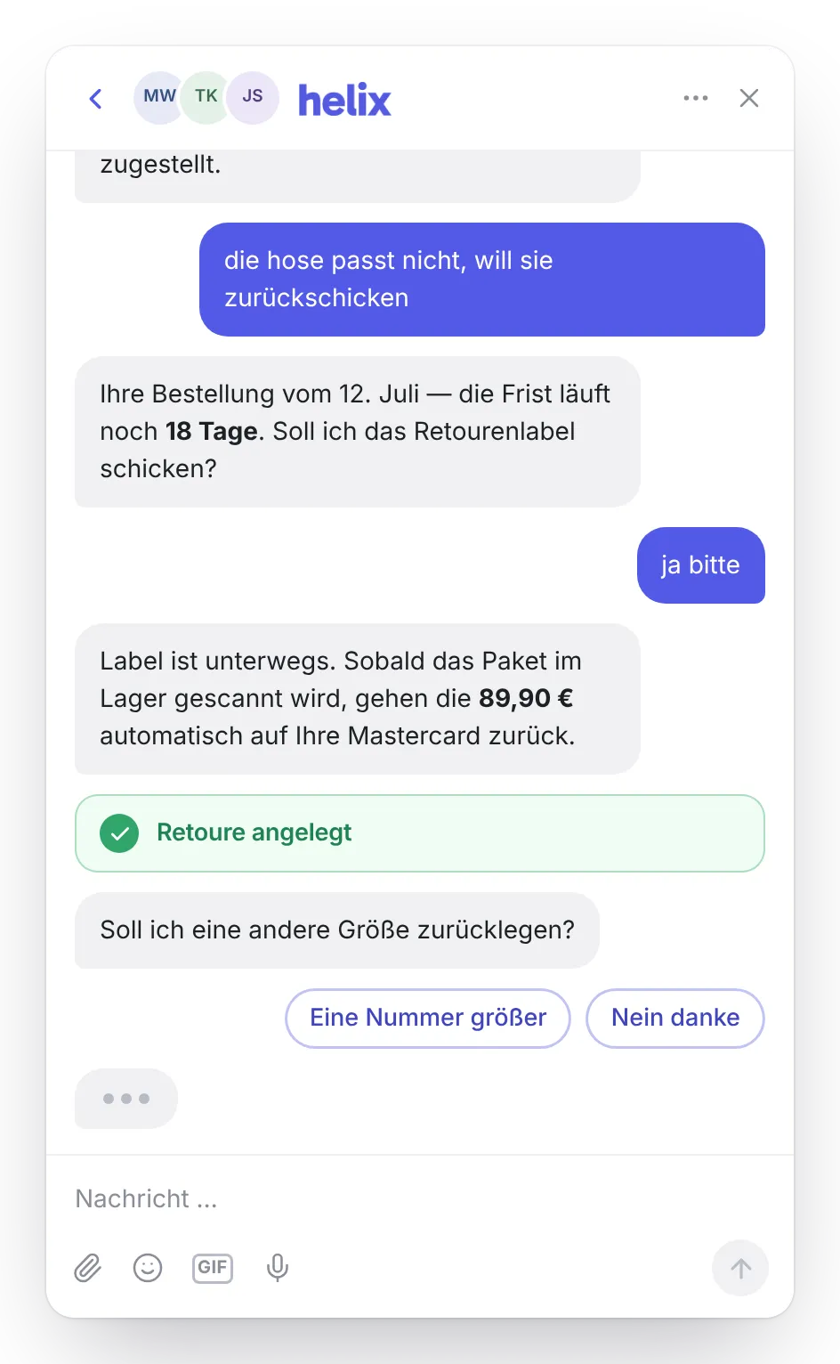 Chat: Hose passt nicht, der Agent prüft die Frist, legt die Retoure an und schickt das Label.