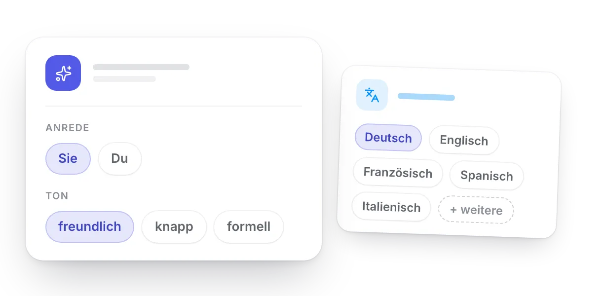 Einstellungen des Agenten: Anrede „Sie“, Ton „freundlich“, daneben die Sprachen Deutsch, Englisch, Französisch, Spanisch, Italienisch und weitere.