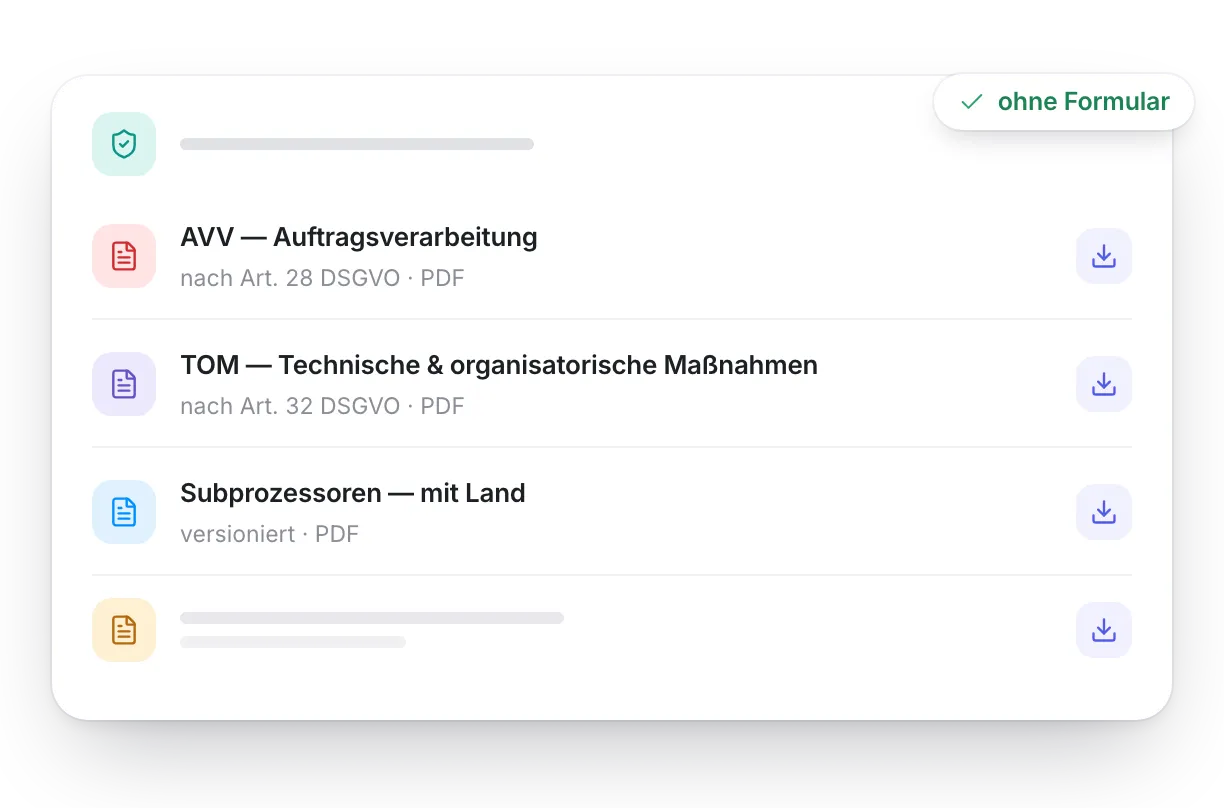 Die Compliance-Dokumente zum Download: Auftragsverarbeitungsvertrag nach Art. 28 DSGVO, technische und organisatorische Maßnahmen und die Liste der Subprozessoren.