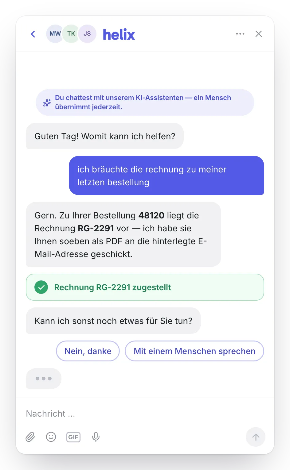 Chat-Widget mit sichtbarem Transparenzhinweis: Zu Beginn der Unterhaltung steht, dass ein KI-Assistent antwortet und jederzeit an einen Menschen übergeben werden kann.