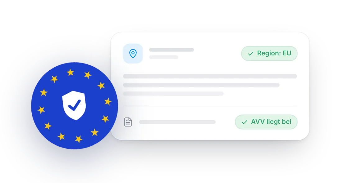 EU-Datenhaltung als prüfbares Kriterium: eine Dokumentkarte mit bestätigter Datenregion EU und beiliegendem Auftragsverarbeitungsvertrag, daneben das EU-Siegel mit Schild.